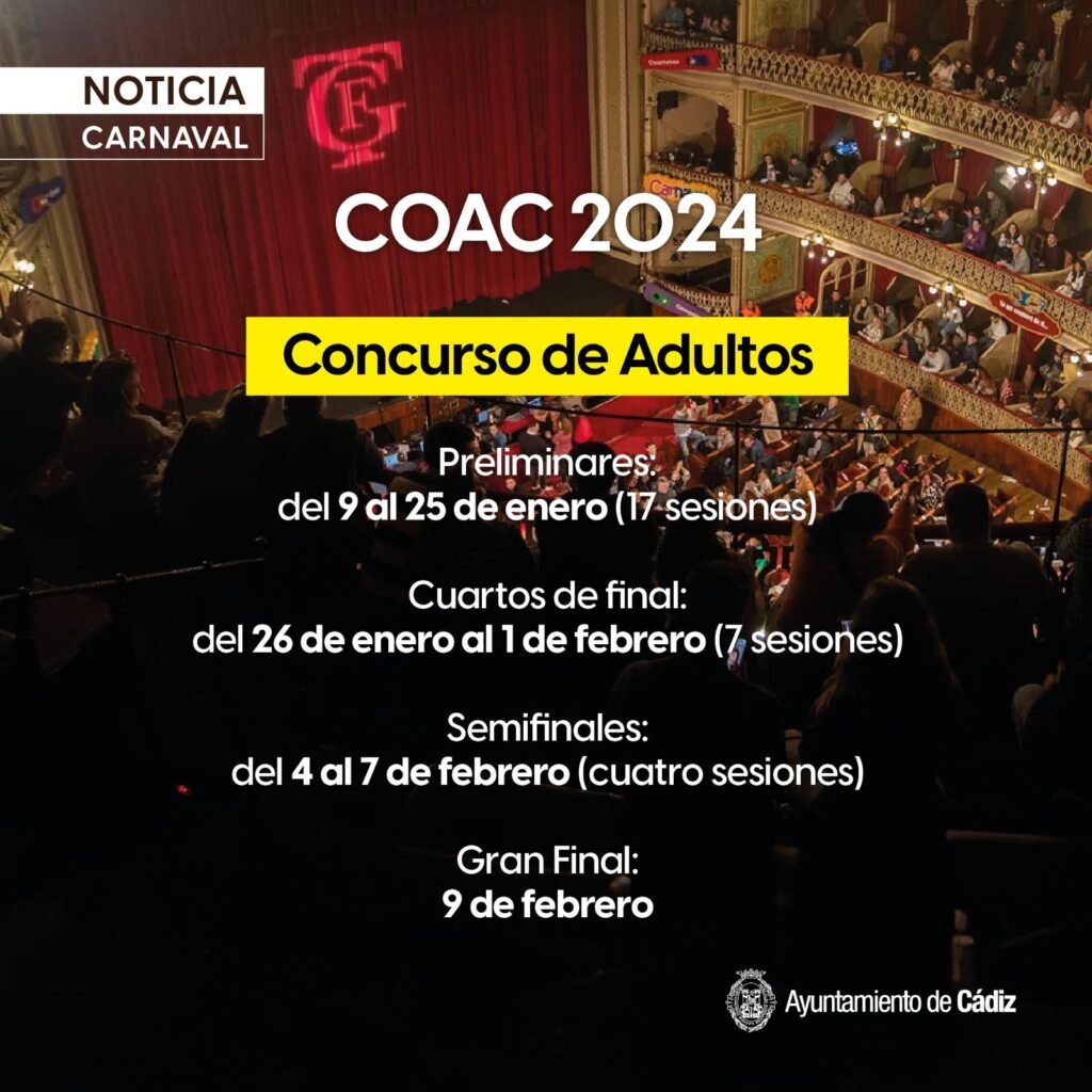 Cartel con las fechas de las sesiones del concurso oficial de agrupaciones del carnaval de  Cádiz del Ayuntamiento de Cádiz.